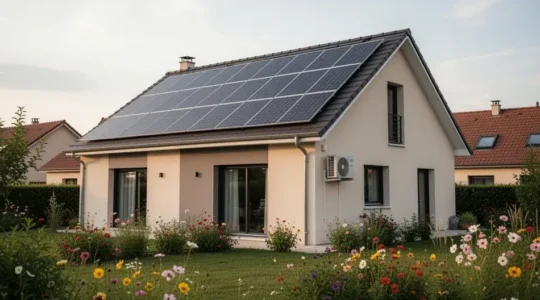 Maison française équipée de panneaux solaires sur toiture avec unité extérieure de climatisation visible
