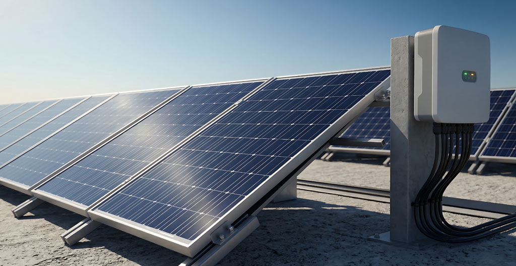 Technicien contrôlant la production solaire sur tablette près d'un onduleur résidentiel