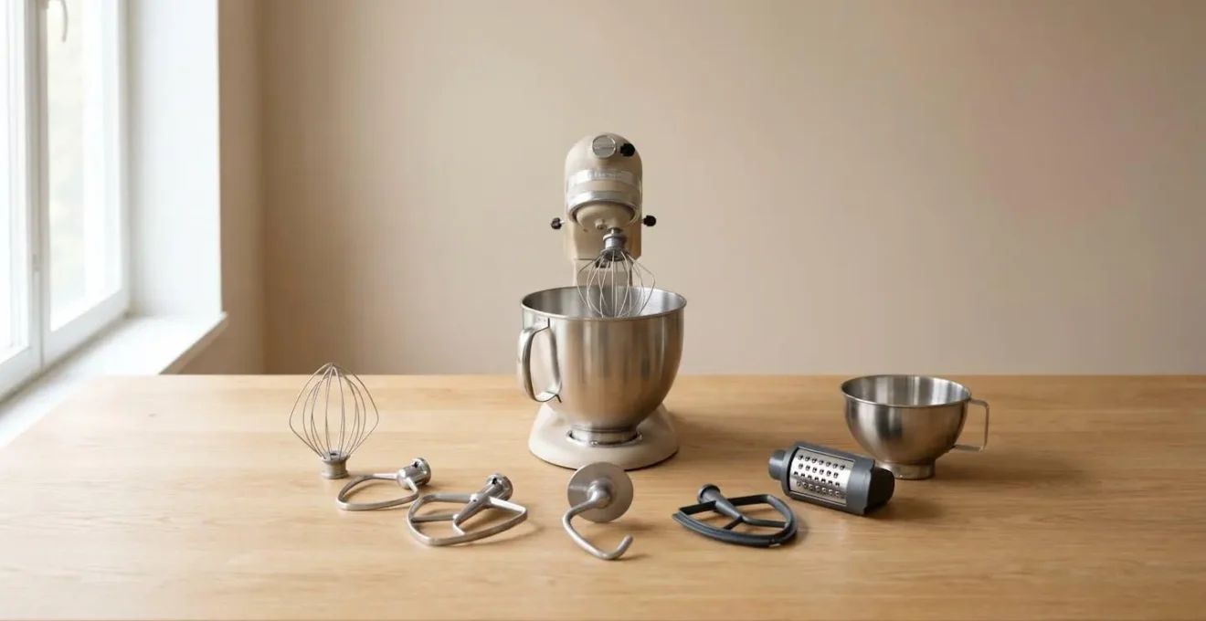 Robot pâtissier équipé avec ses accessoires essentiels disposés sur un plan de travail lumineux