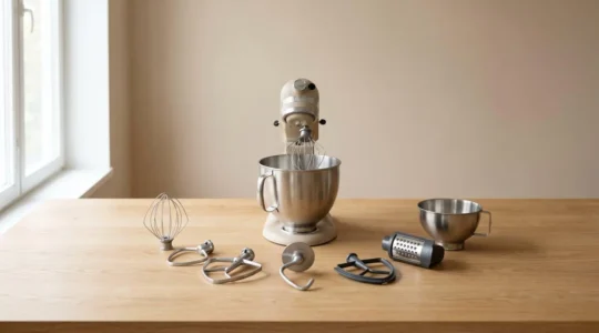 Robot pâtissier équipé avec ses accessoires essentiels disposés sur un plan de travail lumineux