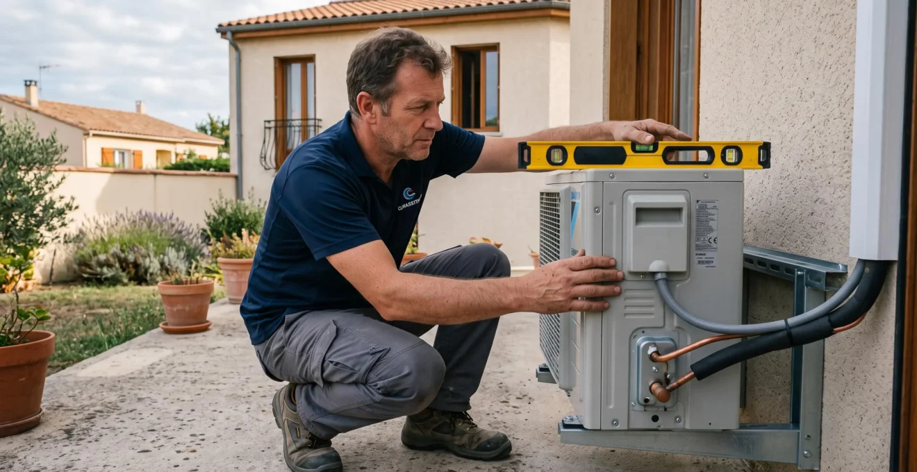 Technicien CVC installant une unité extérieure de climatisation sur une terrasse résidentielle, utilisant un niveau pour vérifier le positionnement