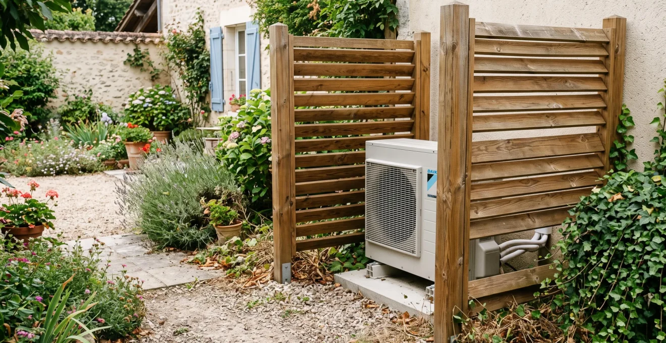 Unité extérieure de climatisation partiellement entourée d'un écran acoustique en bois dans un jardin résidentiel français