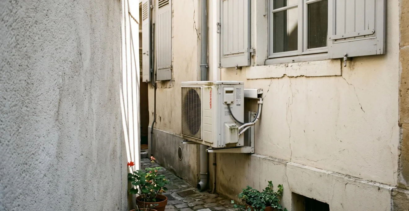 Unité extérieure de climatisation installée dans un espace contraint entre deux bâtiments résidentiels avec fenêtres voisines proches