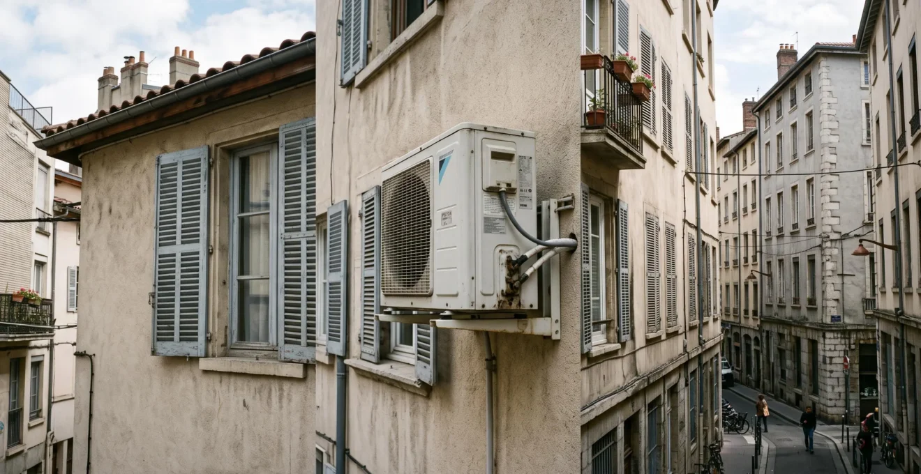 Unité extérieure de climatisation installée sur la façade d'un immeuble résidentiel français avec bâtiments voisins visibles